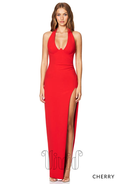 Nookie Cinema Halter Gown in Cherry / Reds