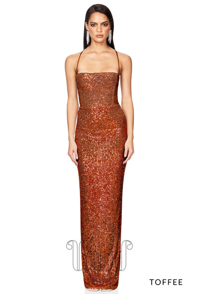 Nookie Lumina Lace Back Gown in Toffee / Oranges/Corals